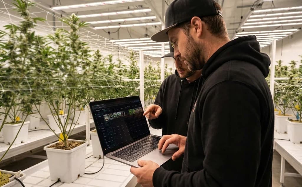 Two growers reviewing canopy data on a laptop in a commercial grow room