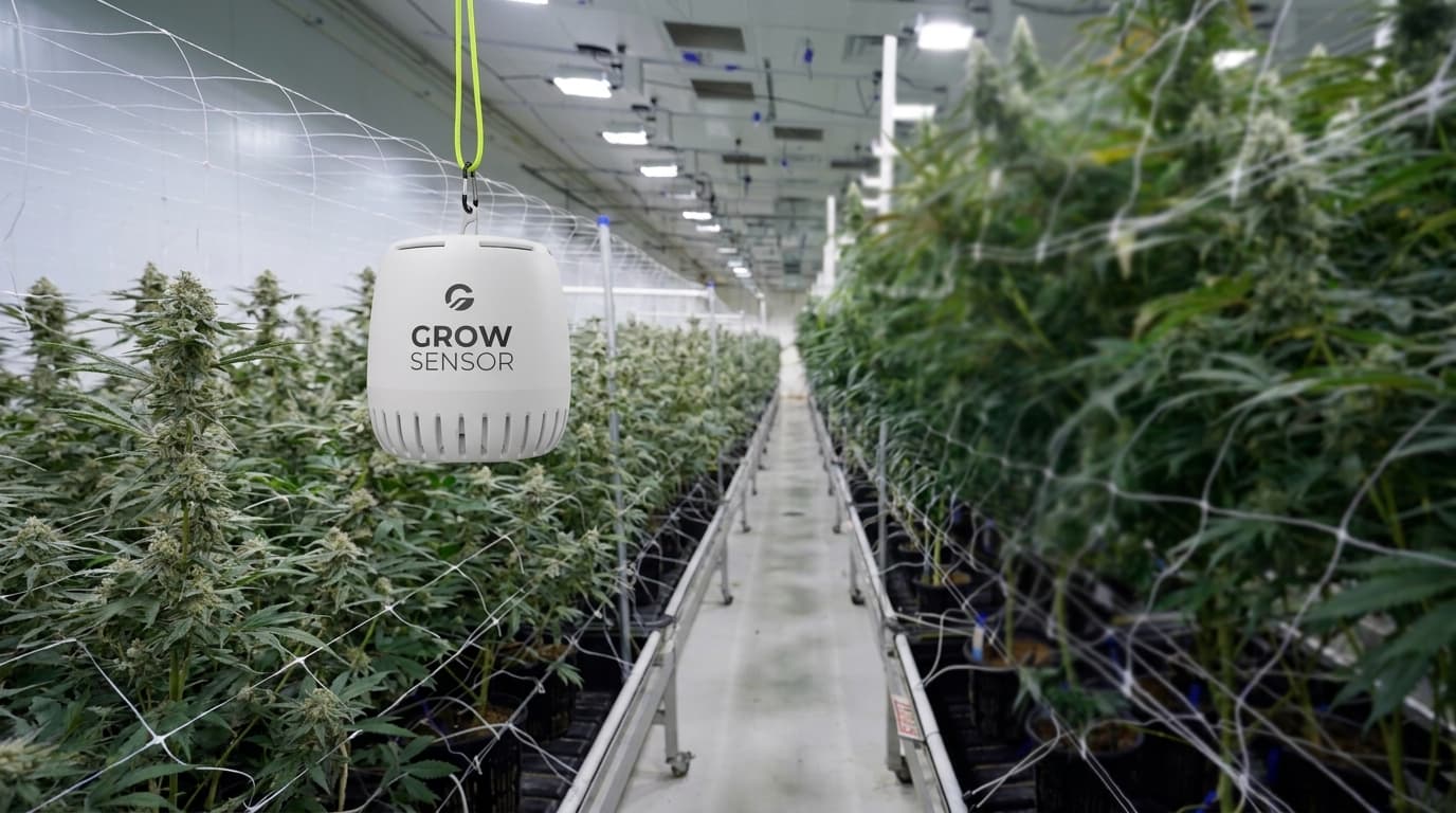 Grow Sensor PRO hanging over flowering rows along a commercial facility aisle