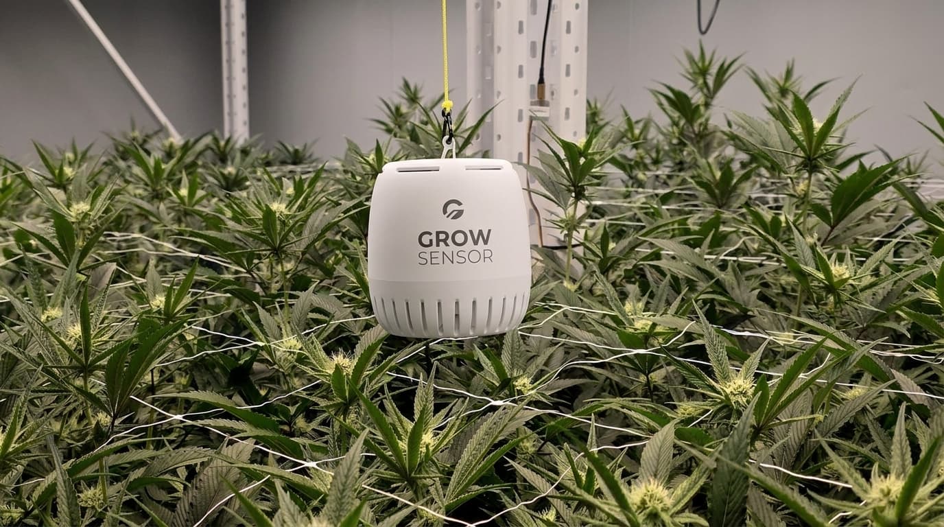 Grow Sensor PRO hanging above a flowering canopy in a commercial grow room