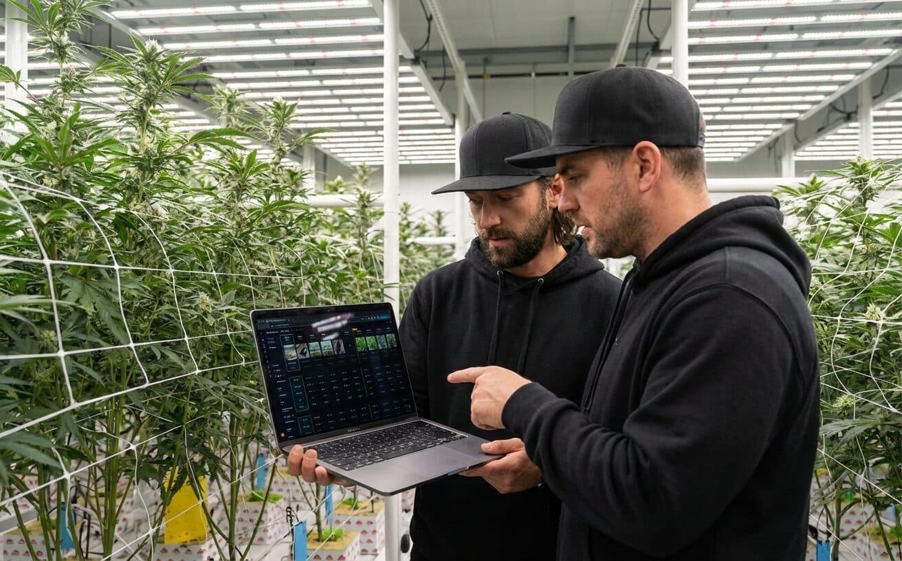 Two growers reviewing live room data on a laptop in the grow room