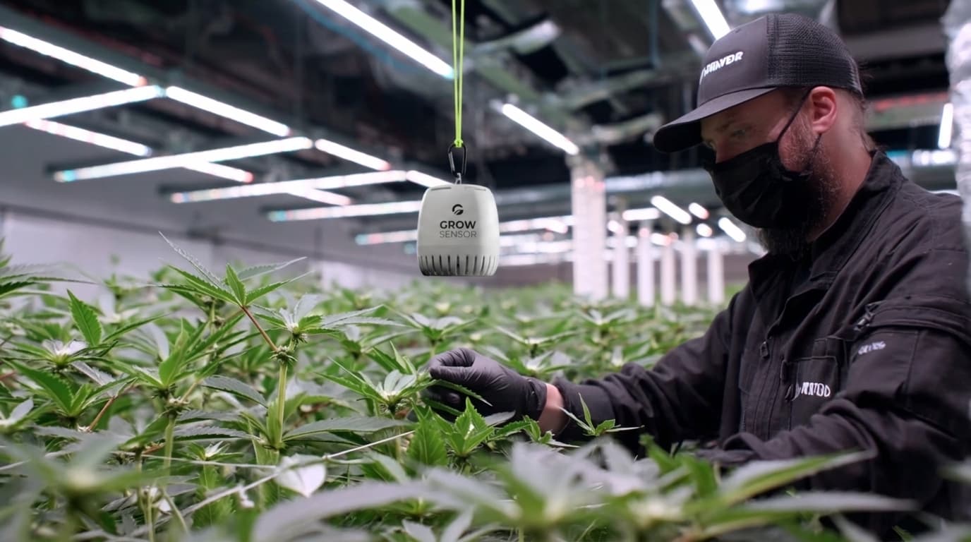 Grower inspecting canopy plants in a commercial grow room with a Grow Sensor PRO hanging in the background