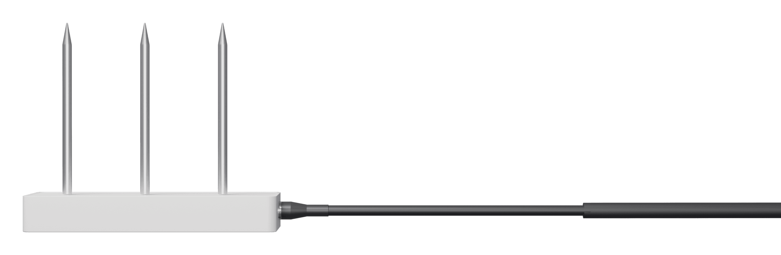 SubSense substrate probe: three steel prongs upright on the white body, cable running off to the right