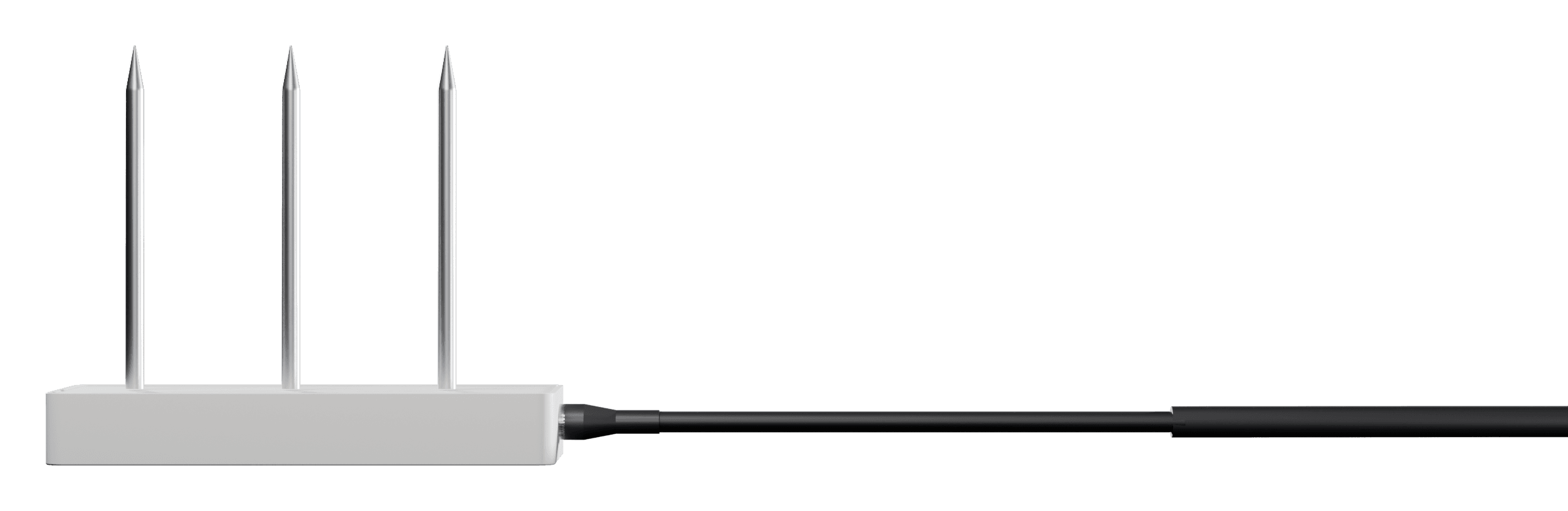 SubSense substrate probe: three steel prongs upright on the white body, cable running off to the right