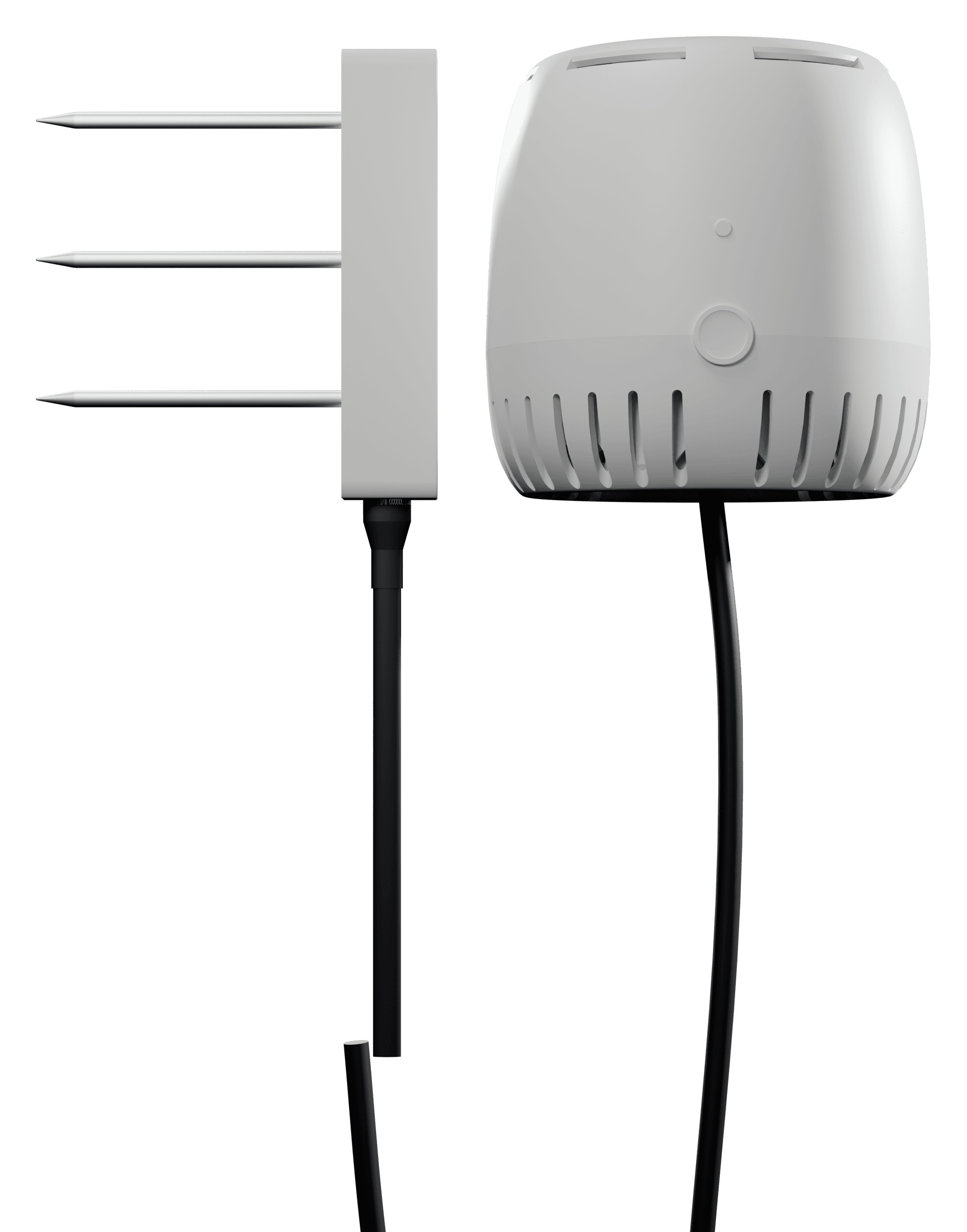 The Grow Sensor system: SubSense substrate probe with steel prongs beside the GS-01 canopy unit, both cabled