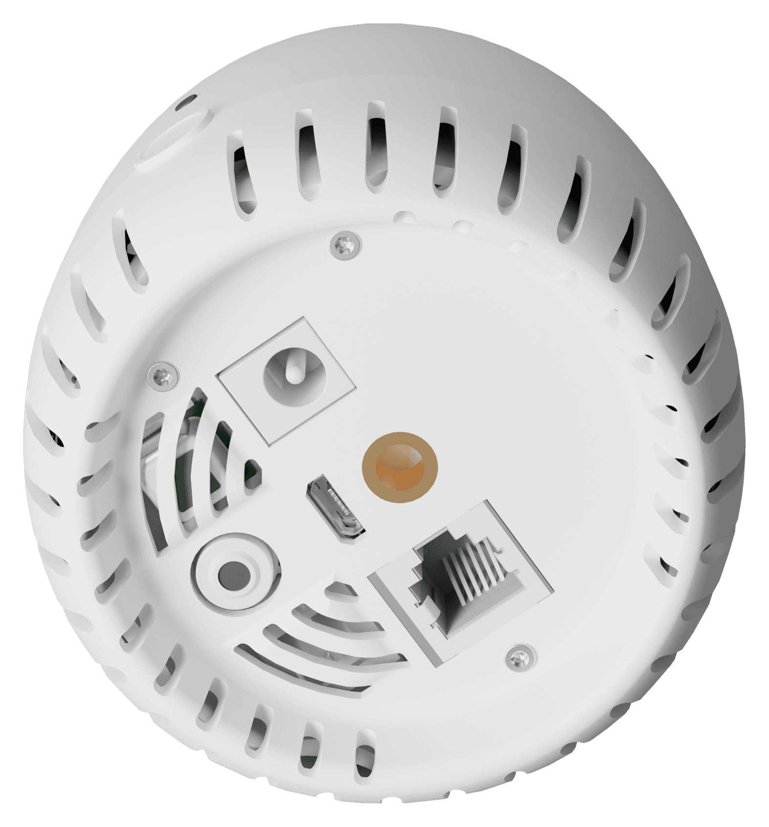GS-01 underside: RJ12 and USB ports, sensor apertures, steel screws, and the brass mounting insert in the vented base