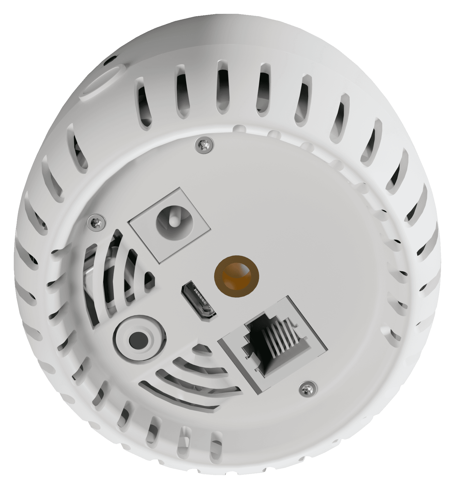 GS-01 underside: RJ12 and USB ports, sensor apertures, steel screws, and the brass mounting insert in the vented base