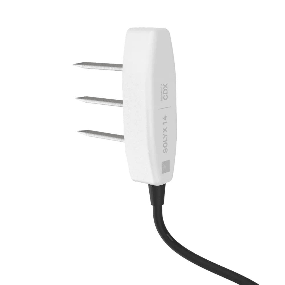 SOLYX 14 substrate probe: three steel needles from the white body, cable running down to the right