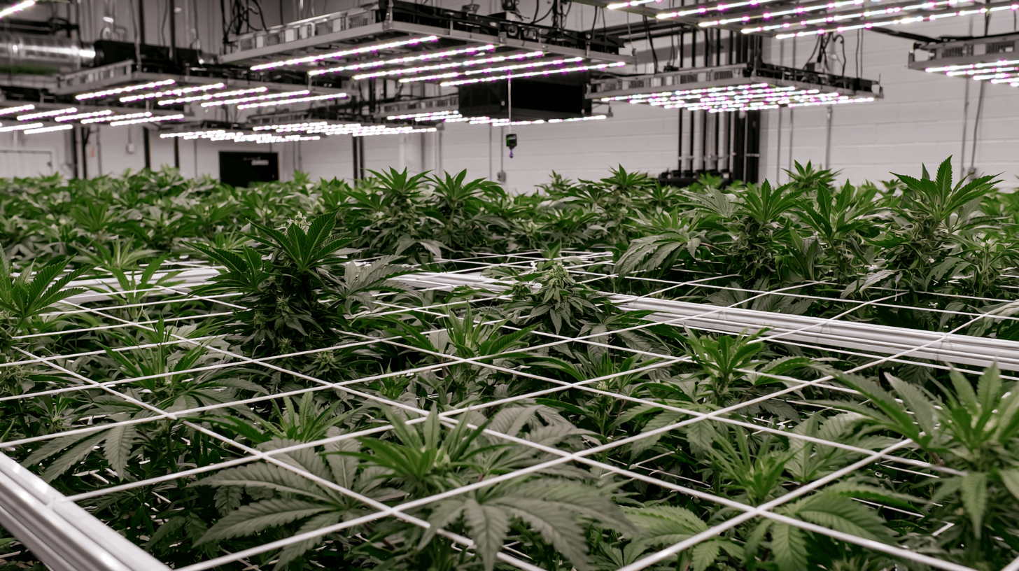 LED bar lights over a flowering cannabis canopy on trellis netting in an indoor grow room