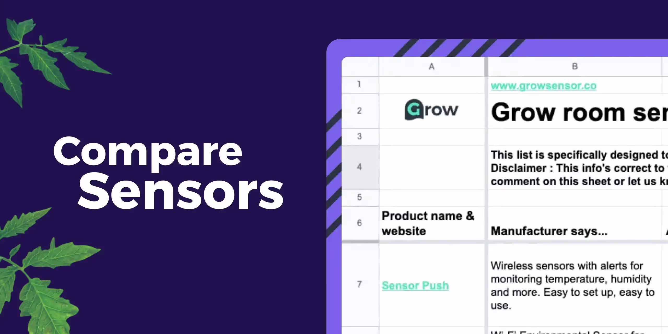 Best grow sensors comparison spreadsheet screenshot