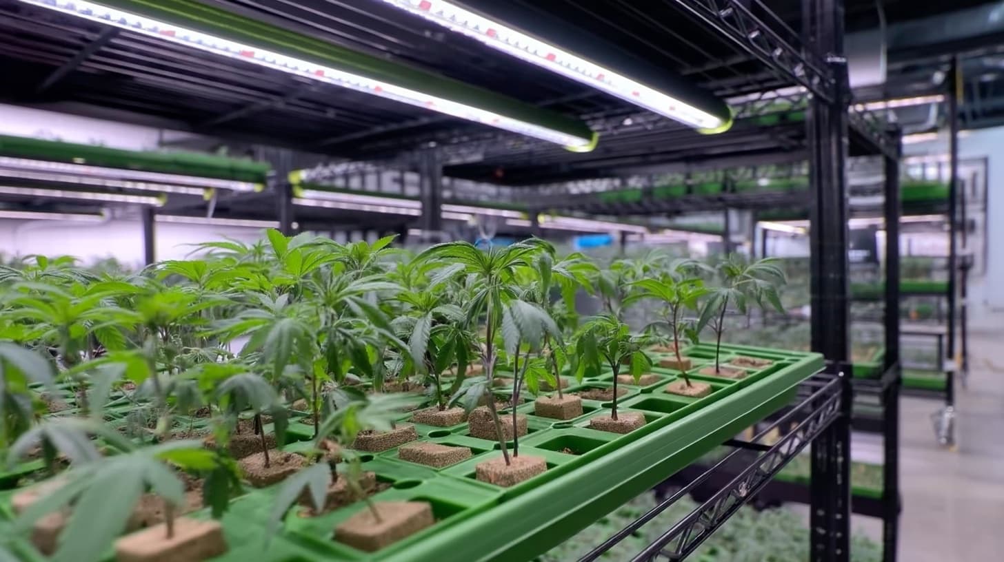 Cannabis cuttings rooting in rockwool cubes on green propagation trays under LED strip lights
