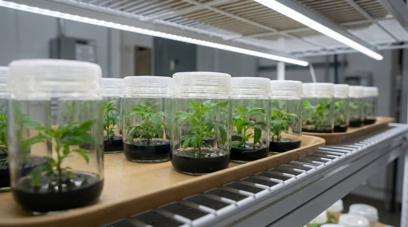 Clear culture jars of young cannabis shoots growing in black charcoal gel, in rows on a lit tissue culture shelf