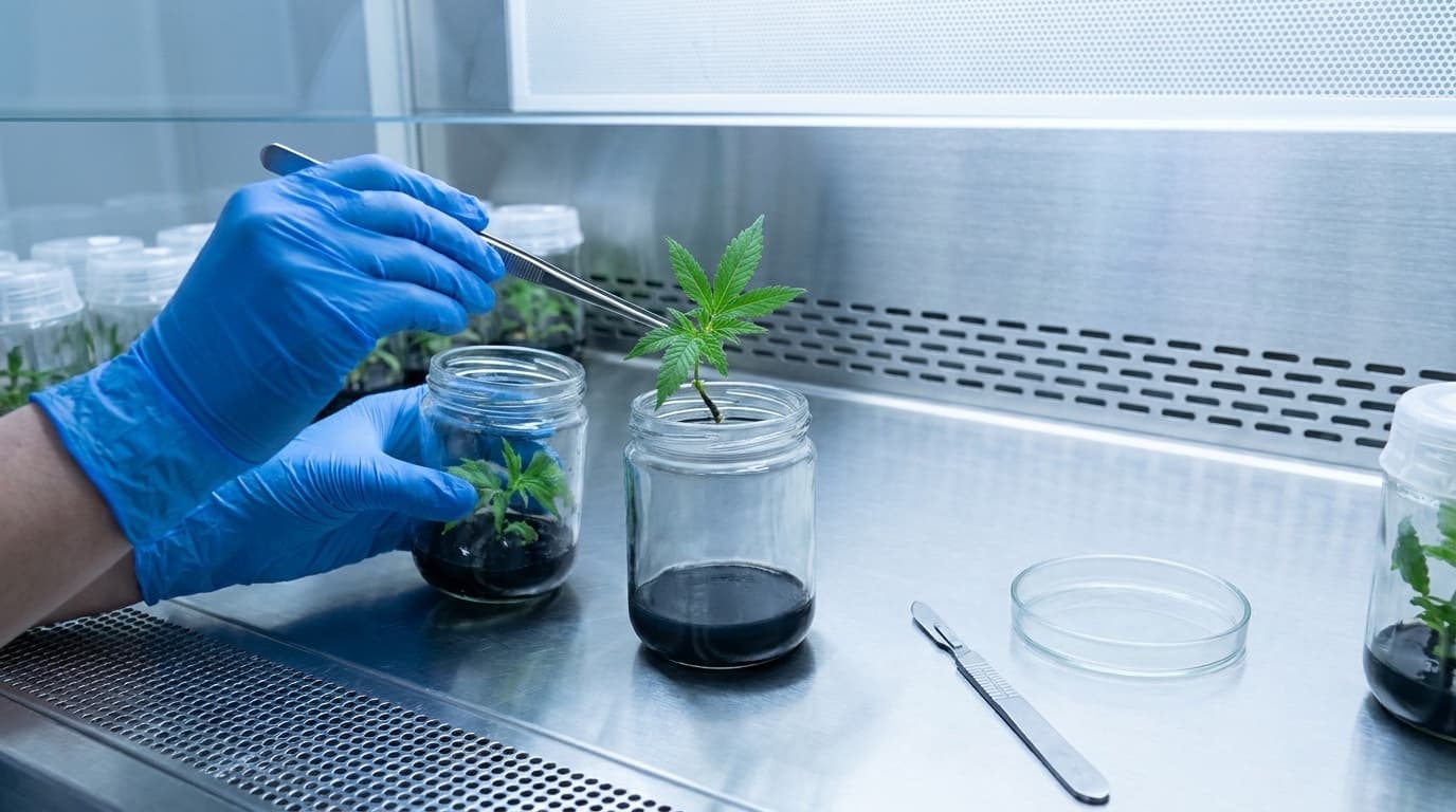 Gloved hands using forceps to move a cannabis shoot into a fresh culture jar inside a laminar flow hood