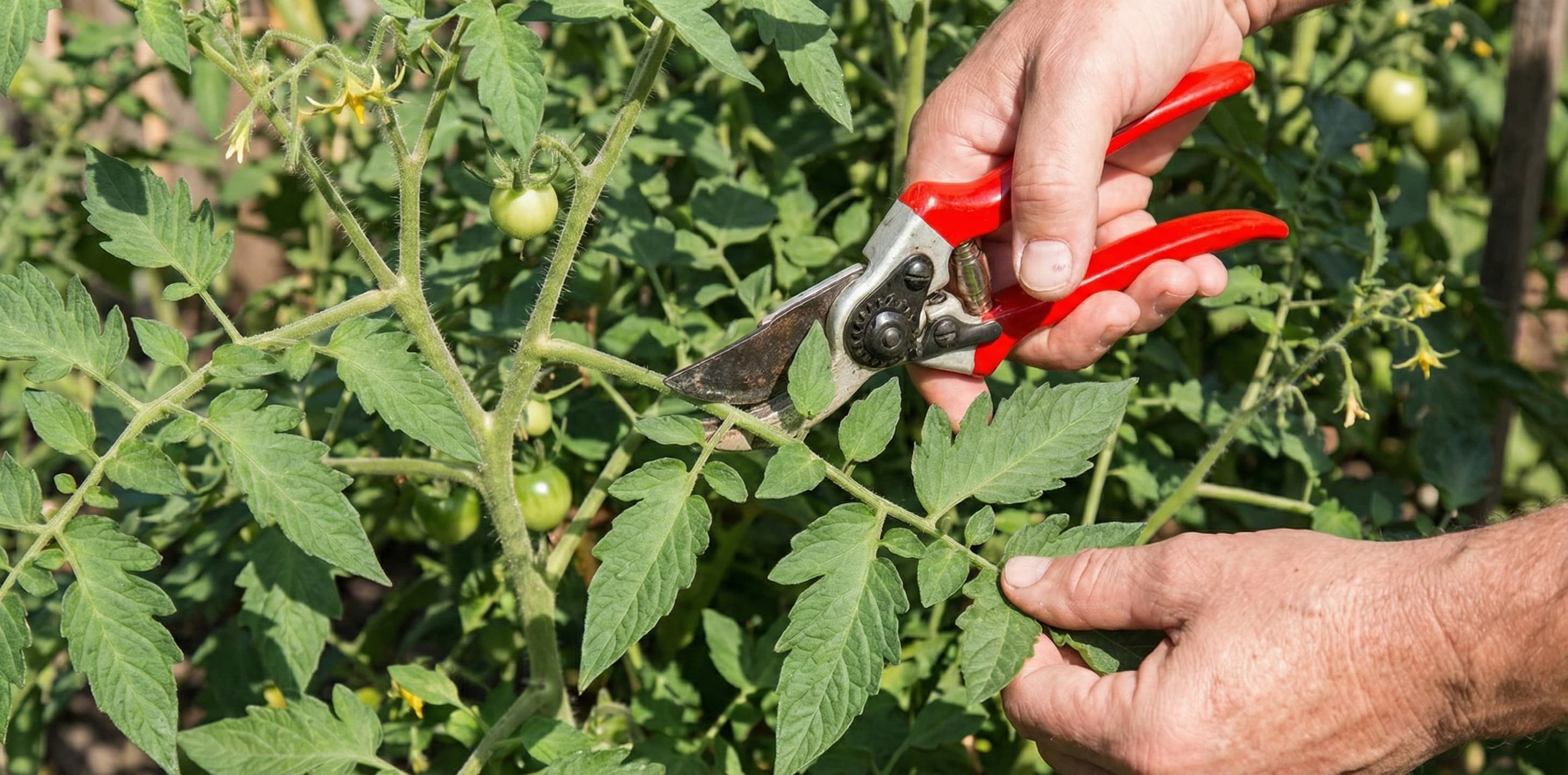 tomato grower defoliating plant with secateurs