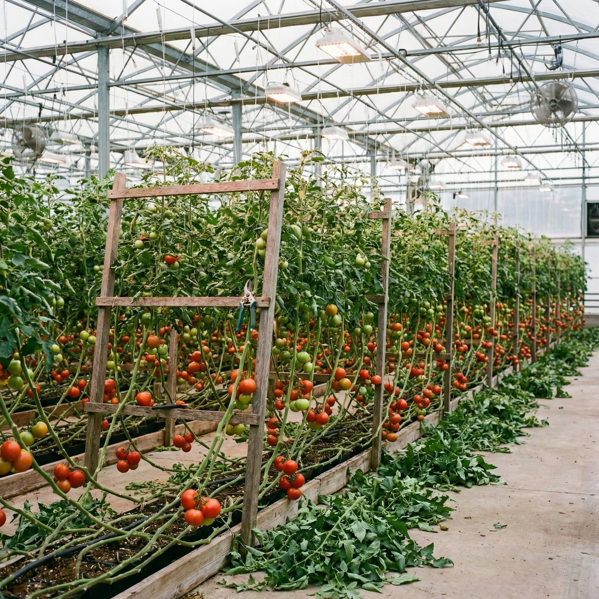 Defoliated tomato plants in a large commercial facility