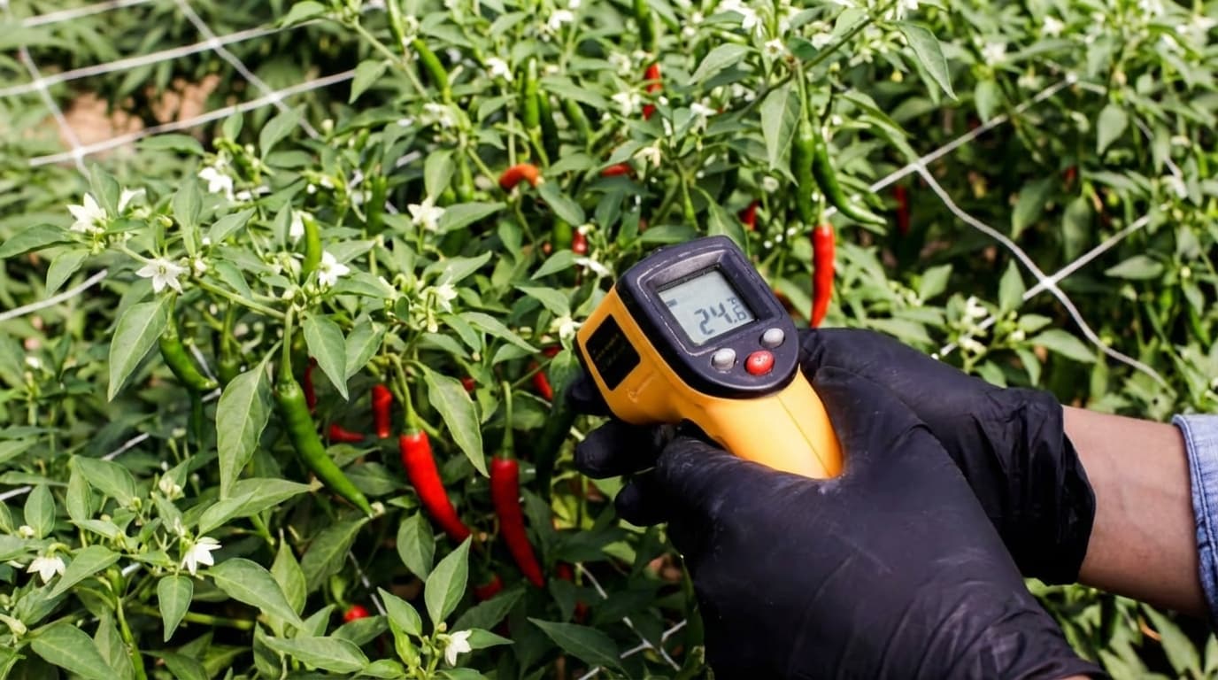 A grower measures leaf surface temperature to work out the best VPD.
