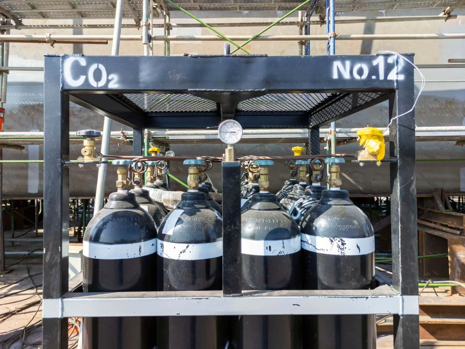 A group of C02 tanks linked up to a regulator.