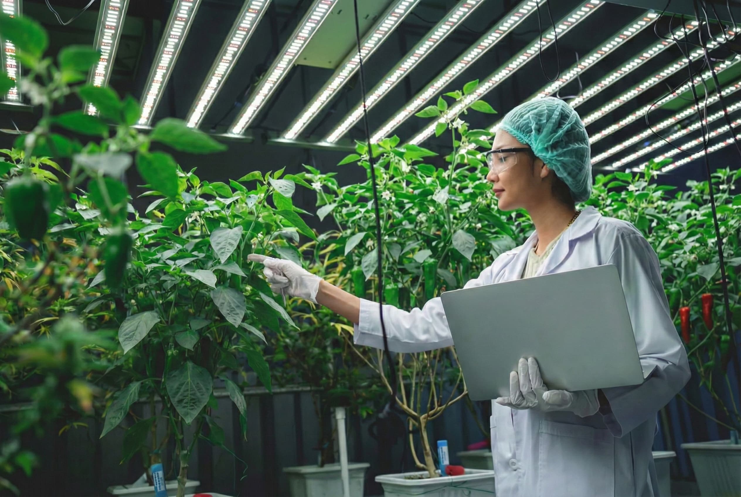 A women inspects some pepper plants in an indoor grow room