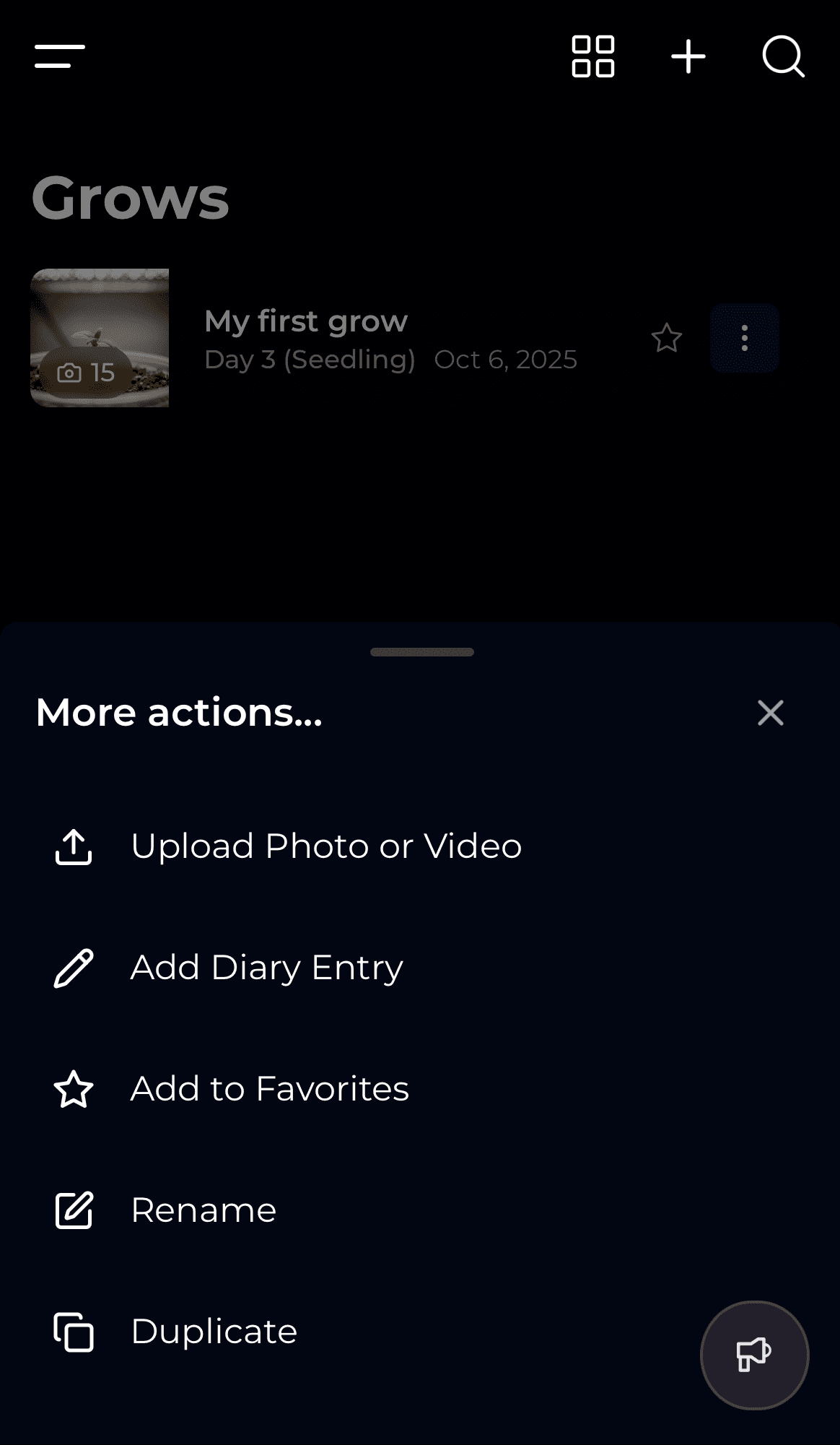 Quick actions from the GrowOps grows dashboard