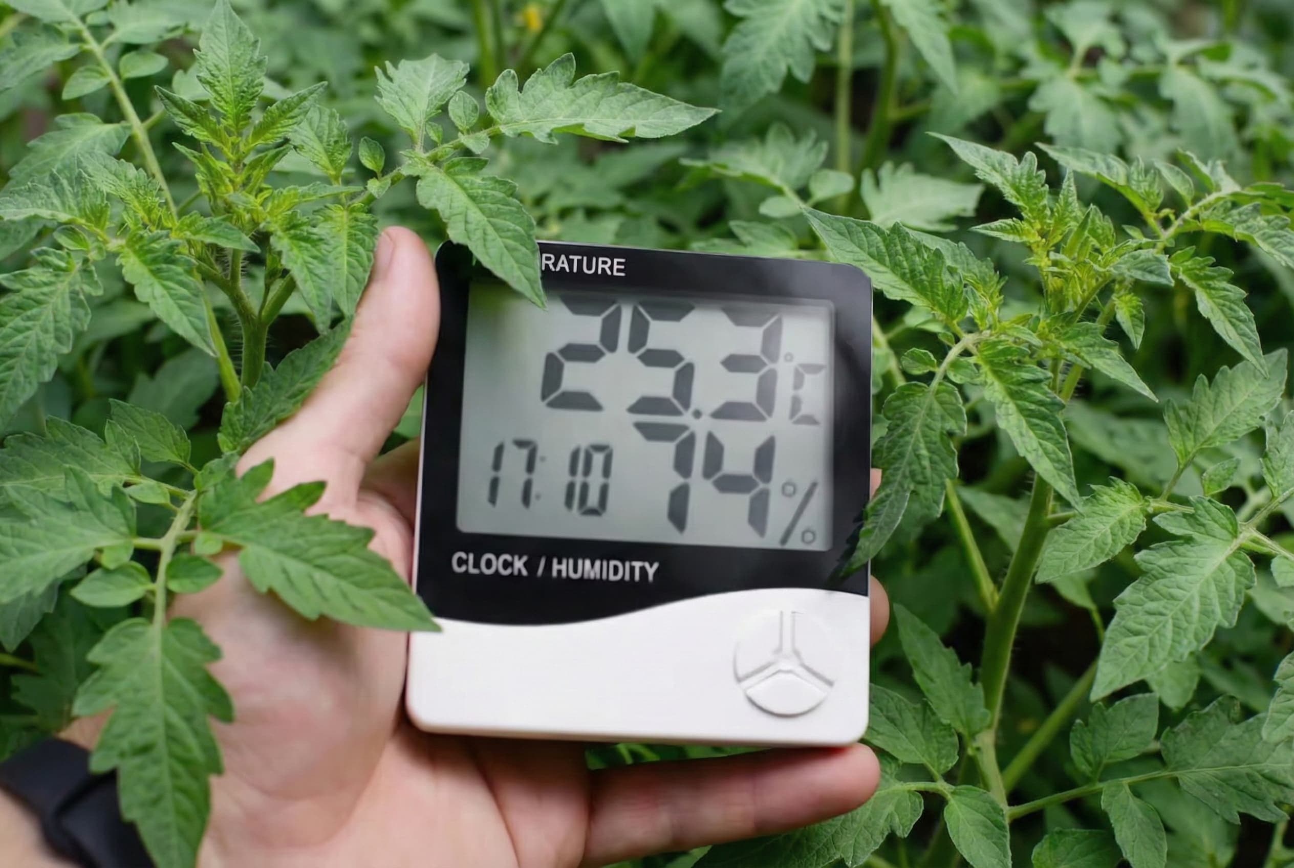 An image of a digital hydrometer in front of tomato plants
