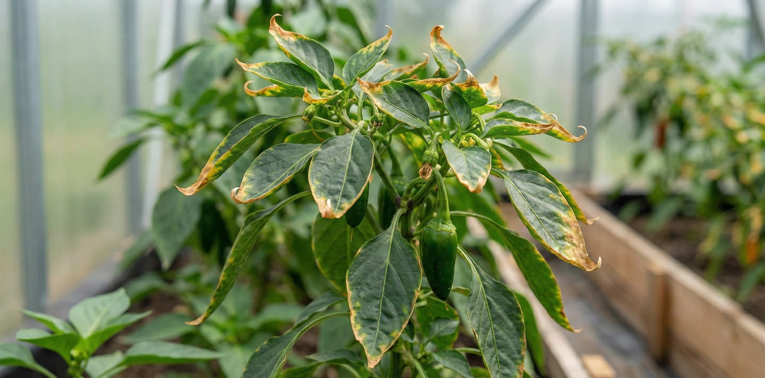 Pepper plant with nutrient burned leaf tips