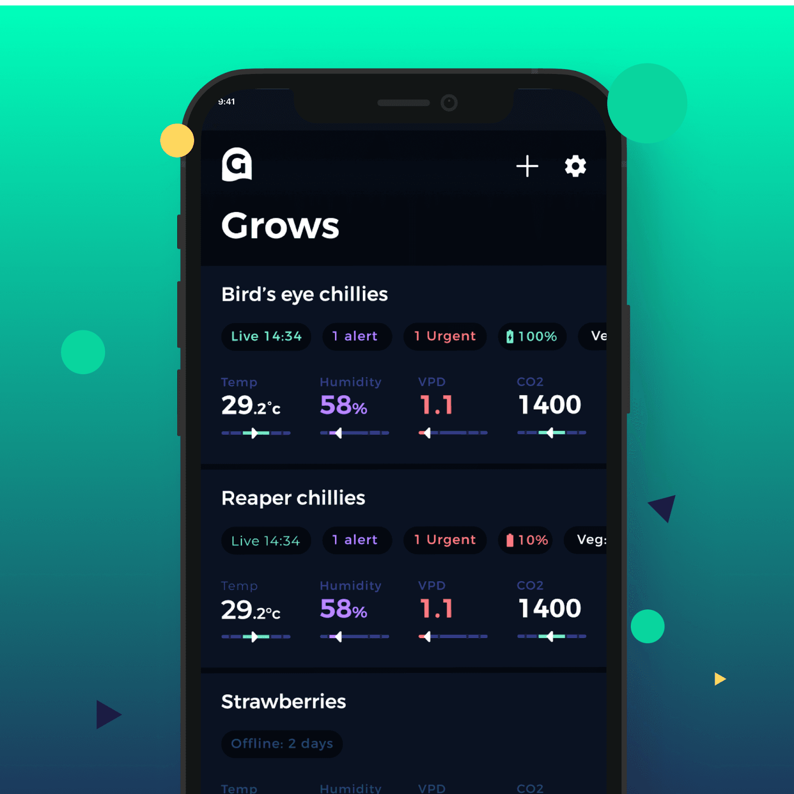 The grow app, showing multiple grows