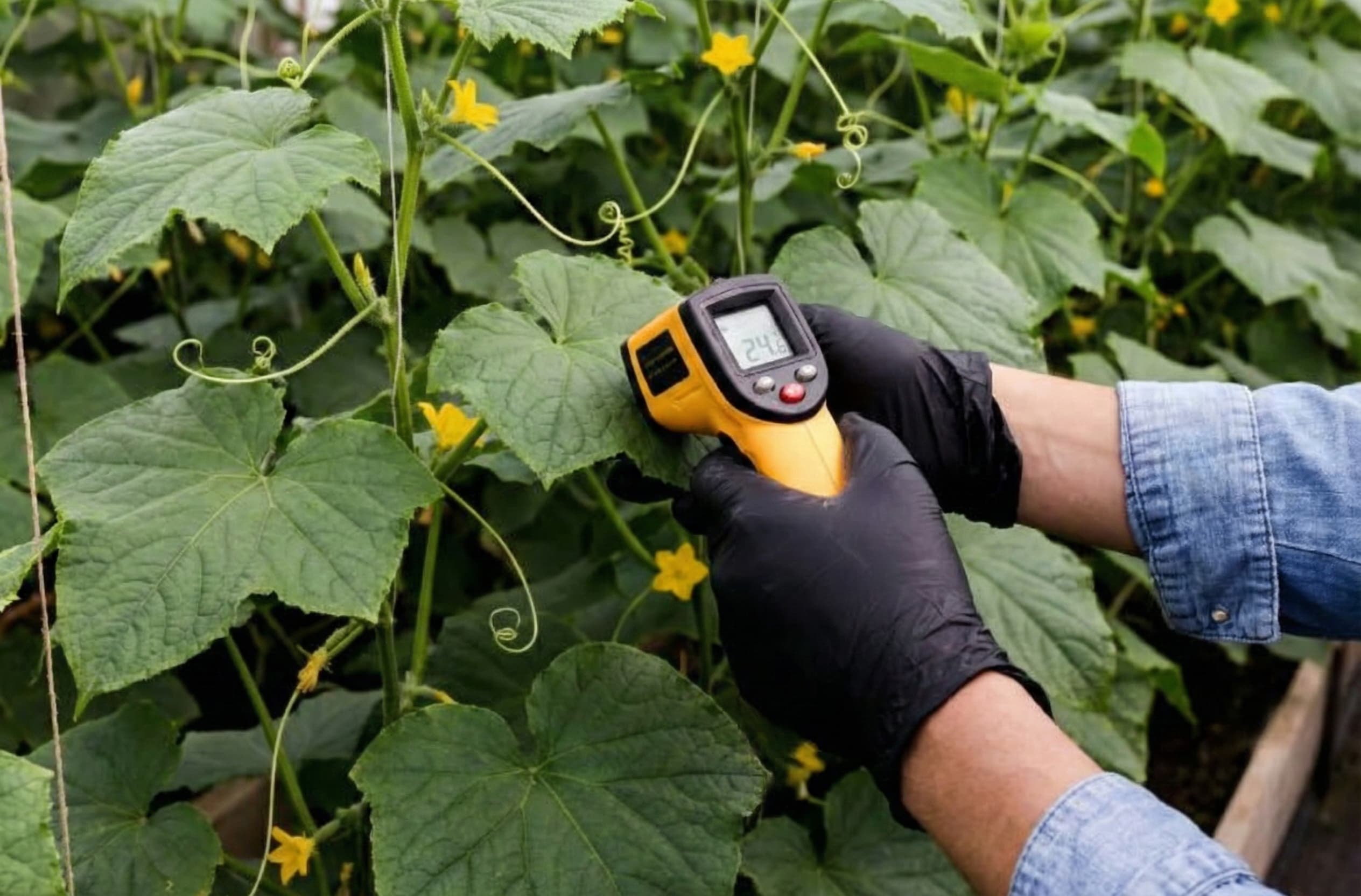 A grower measuring the leaf surface temperature of a cucumber plant using an Infrared thermometer.